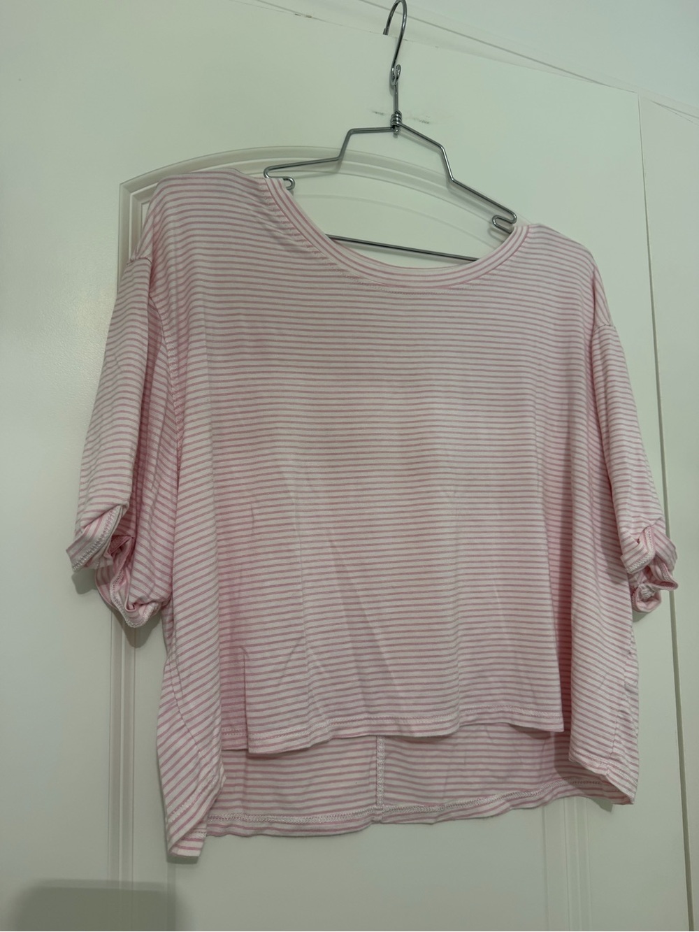 Relaxed Pink Striped Crop Top with Boat Neck